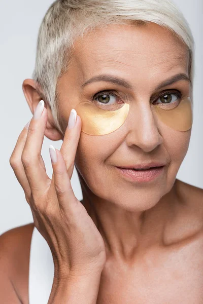 Portrait Senior Woman Applying Eye Patches Isolated Gray — Stock Photo, Image