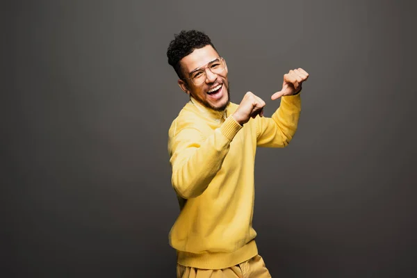 Excited African American Man Glasses Pointing Thumbs Himself Dark Grey — Stock Photo, Image