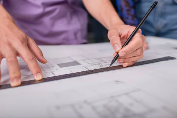 Cropped View Interior Designer Holding Pencil Ruler While Working Blueprint — Stock Photo, Image