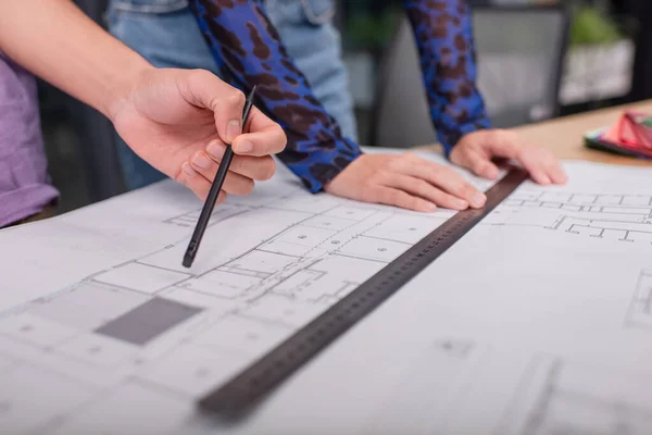 Cropped View Interior Designers Holding Ruler Pencil Blueprint — Stock Photo, Image