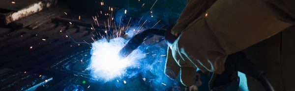 Cropped View Welder Working Torch Factory Banner — Stock Photo, Image
