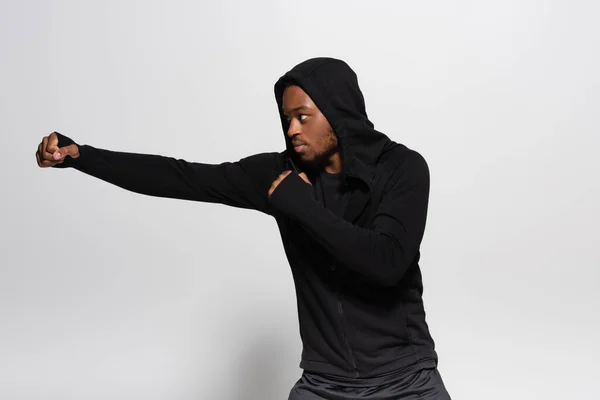 African American Man Hoodie Fighting Grey — Stock Photo, Image