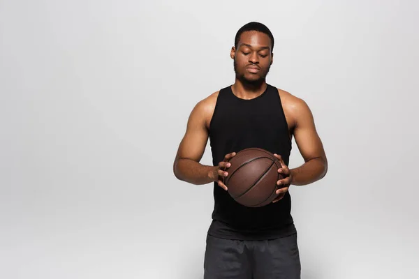 African American Player Looking Basketball Isolated Grey — Foto Stock