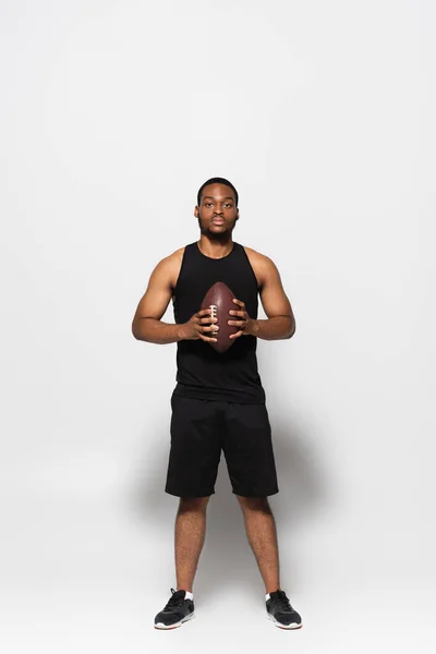 Full Length African American Sportsman Holding Rugby Ball Grey — Stock Photo, Image