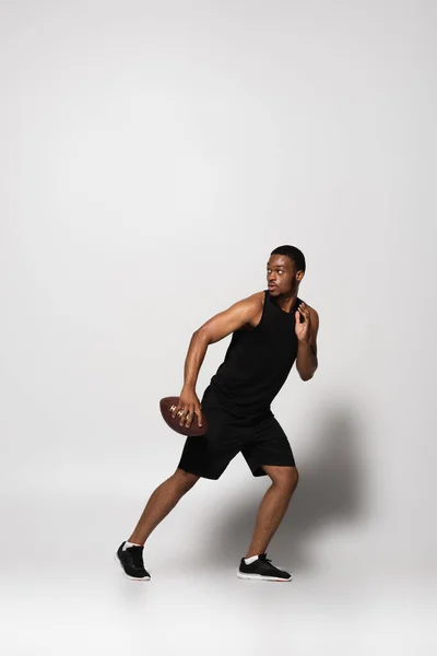 Full Length African American Sportsman Playing Rugby Running Away Grey — Stock Photo, Image