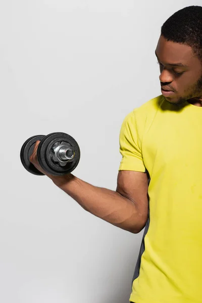 Strong African American Sportsman Working Out Dumbbell Isolated Grey — Stock Photo, Image