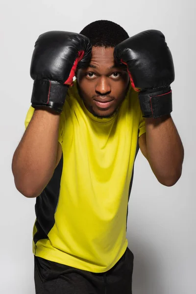 African American Sportsman Working Out Boxing Gloves Isolated Grey — Stock Photo, Image