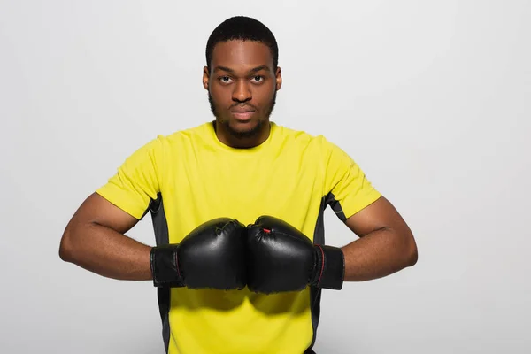 Serious African American Sportsman Boxing Gloves Isolated Grey — Stock Photo, Image