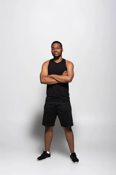 Full Length African American Sportsman Tank Top Shorts Standing Crossed — Stock Photo, Image