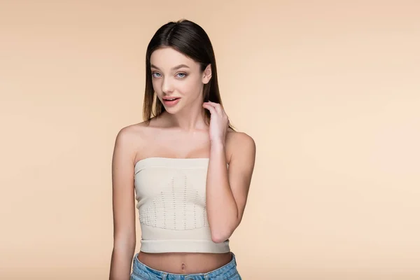 Young Woman Crop Top Bare Shoulders Posing Isolated Beige — Stock Photo, Image