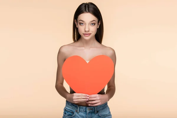 Happy Woman Bare Shoulders Covering Body Red Paper Heart Isolated — Stock Photo, Image