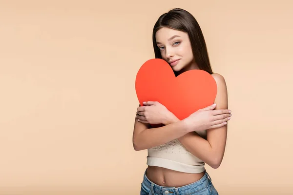 Young Woman Hugging Red Paper Heart Isolated Beige — Stock Photo, Image