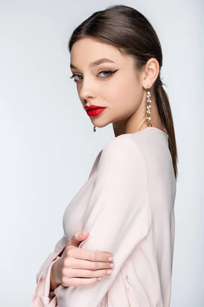 Pretty Woman Earrings Blouse Looking Camera Isolated Grey — Fotografia de Stock