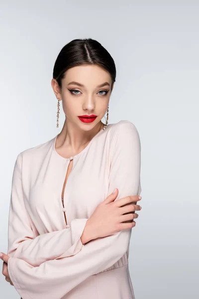 Pretty Woman Earrings Blouse Posing Isolated Grey — Stockfoto