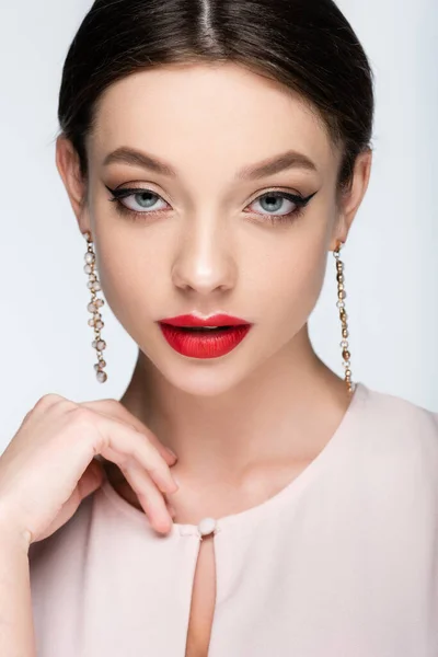 Young Pretty Woman Earrings Posing Isolated Grey — Stockfoto