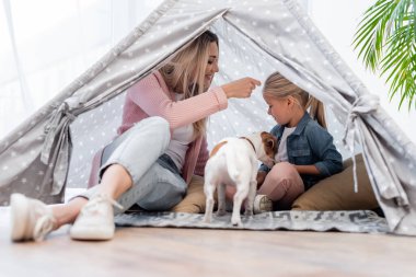 Positive mother and kid sitting in tent near jack russell terrier at home 