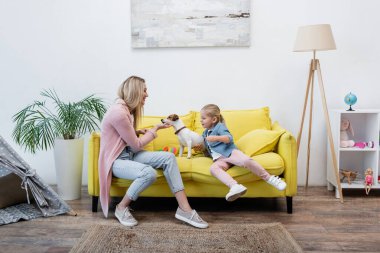 Smiling woman petting jack russell terrier near toys on couch at home 