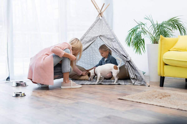 Child sitting in tent near jack russell terrier and mom at home 