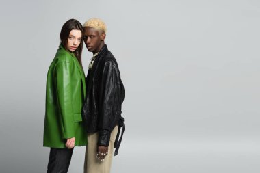 young interracial couple in fashionable clothes looking at camera isolated on grey clipart