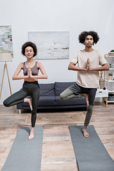 African american couple standing in tree pose on yoga mats at home 