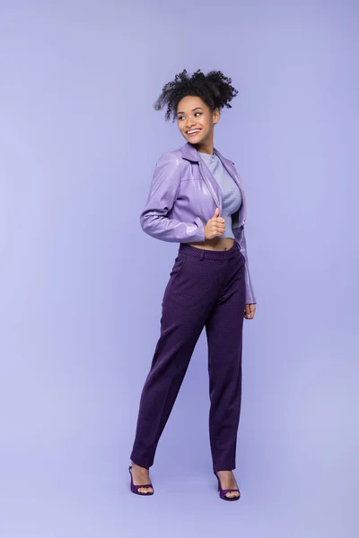 Full Length Positive Young African American Woman Violet Leather Jacket — Stock Photo, Image