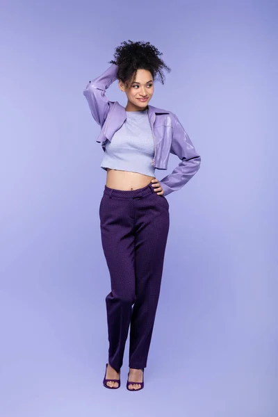 Full Length Flirty African American Woman Violet Leather Jacket Trousers — Stock Photo, Image