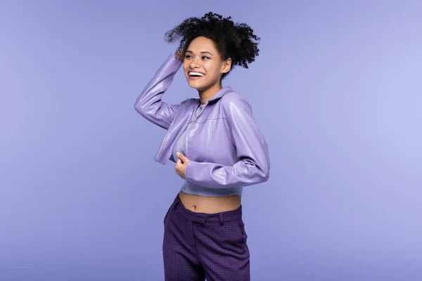 Cheerful African American Woman Violet Leather Jacket Laughing Isolated Purple — Stock Photo, Image