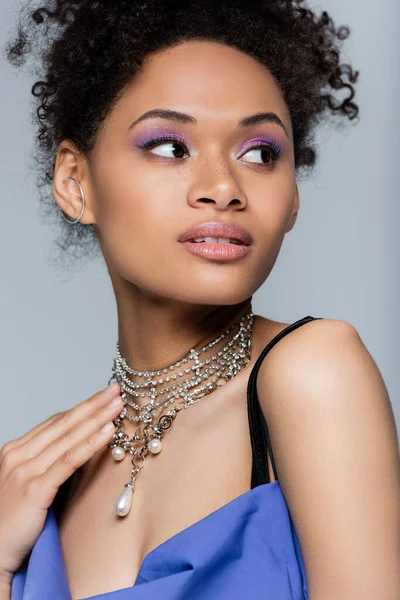 Sensual African American Woman Purple Eye Shadow Isolated Grey — Stock Photo, Image