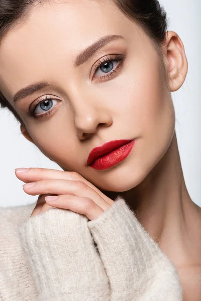 Portrait Young Woman Red Lips Looking Camera Isolated White — Stok Foto