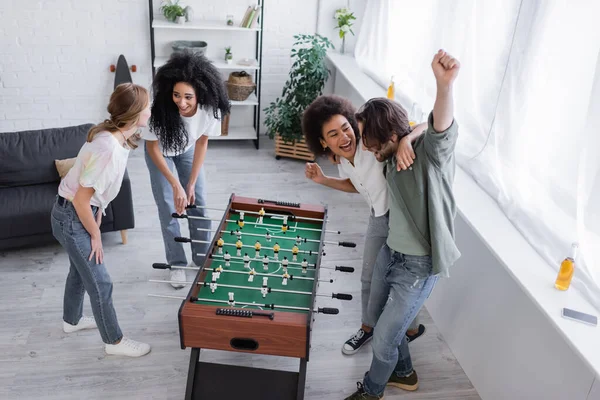 High Angle View Happy Interracial Friends Rejoicing Table Football — Stock Photo, Image