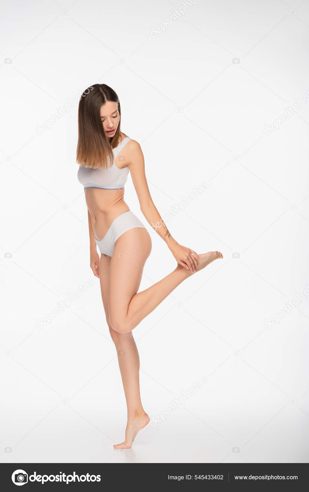 Full Length View Fit Woman Underwear Touching Leg White Background Stock  Photo by ©Ischukigor 545433402