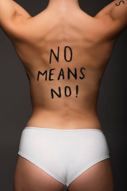 cropped view of young woman with no means no phrase written on back isolated on dark grey clipart