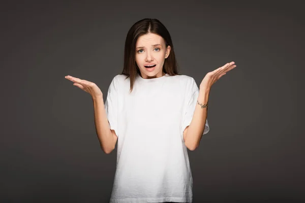 Irritated Woman Showing Indignant Gesture While Looking Camera Isolated Dark — Stock Photo, Image