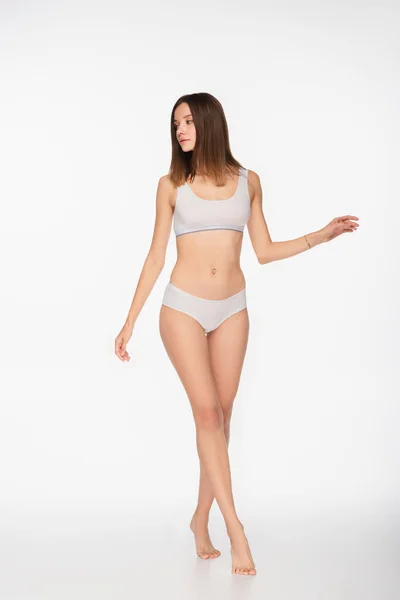 Full Length View Fit Woman Underwear Walking Titoes White Background — Fotografia de Stock