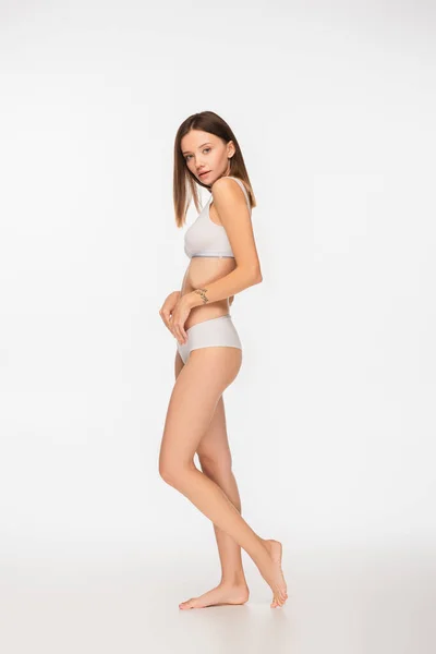 Young Slim Woman Underwear Looking Camera White Background — Stock Photo, Image