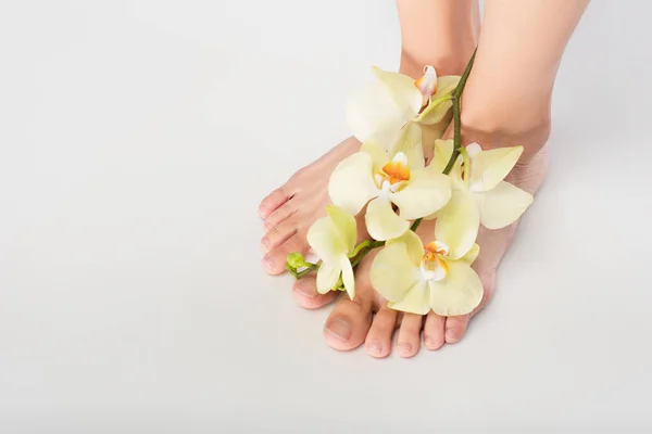 Abgeschnittene Ansicht Einer Frau Mit Orchidee Füßen Auf Weißem Hintergrund — Stockfoto