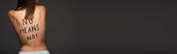 задний вид обрезанной женщины без каких-либо средств надписи на теле изолированы на темно-сером, баннер