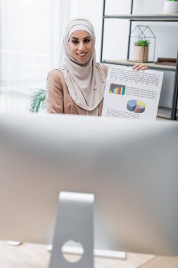 Video konferansı sırasında bulanık bilgisayar monitörünün yanında bilgi gösteren gülümseyen Müslüman kadın