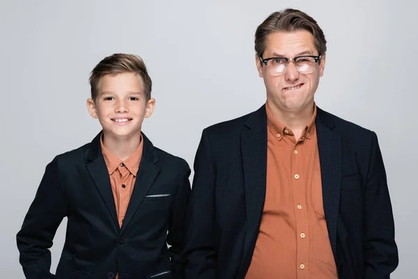 Smiling Boy Jacket Looking Camera Dad Isolated Grey — Stock Photo, Image