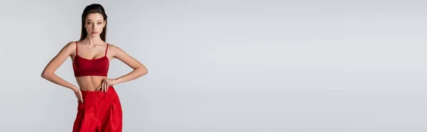 Красивая Модель Красном Наряде Позирует Руками Бедрах Изолированы Сером Баннер — стоковое фото