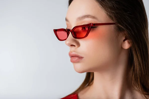 Young Model Red Trendy Sunglasses Looking Away Isolated Grey — Stock Photo, Image