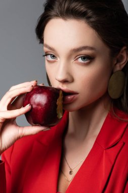 Gri renkte kırmızı elma yiyen trend genç kadın 
