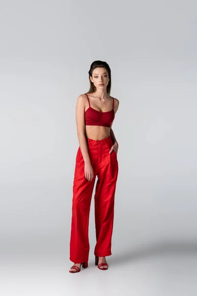 Full Length Του Μοντέλου Κόκκινο Crop Top Και Παντελόνι Ποζάρουν — Φωτογραφία Αρχείου
