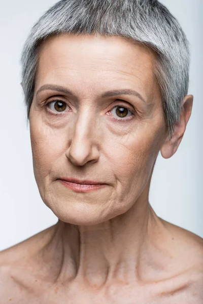 Close Middle Aged Woman Isolated Grey — Stock Photo, Image