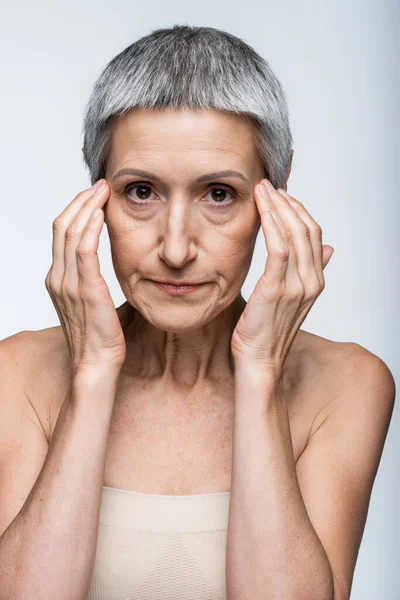 Middle Aged Woman Bare Shoulders Wrinkles Isolated Gray — Stock Photo, Image