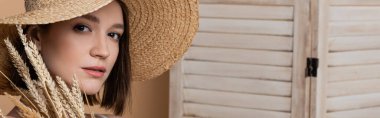 Portrait of woman in sun hat looking at camera near spikelets and folding screen on beige, banner  clipart