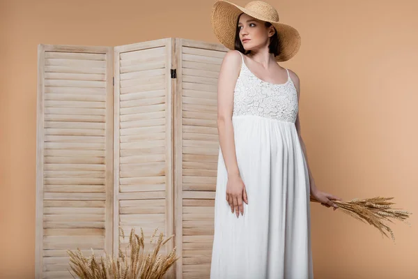 Zwangere Vrouw Jurk Houden Spikeletten Buurt Van Planten Vouwen Scherm — Stockfoto