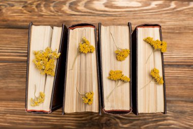 top view of books with dried yellow flowers on wooden surface clipart