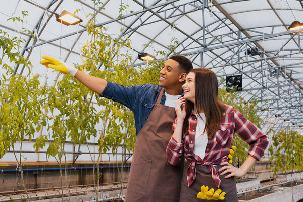 African american farmer in gloves pointing with hand near cheerful colleague in greenhouse 