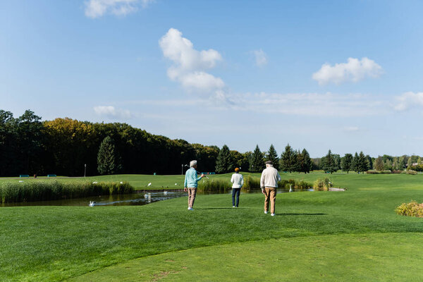 back view of senior multiethnic men with golf clubs walking near pond on green lawn 